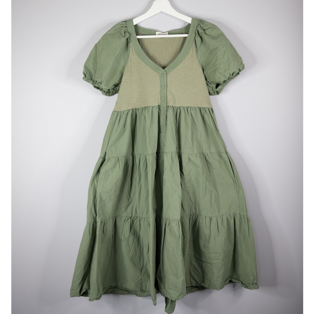 Roolee Tiered Midi Dress Womens Small Green Excellent Puff Sleeve Cottagecore